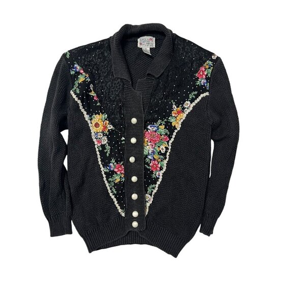 VTG Grandma Sweater Medium Black Floral Sequin Lace Grannycore Dark Romantic - Picture 1 of 7